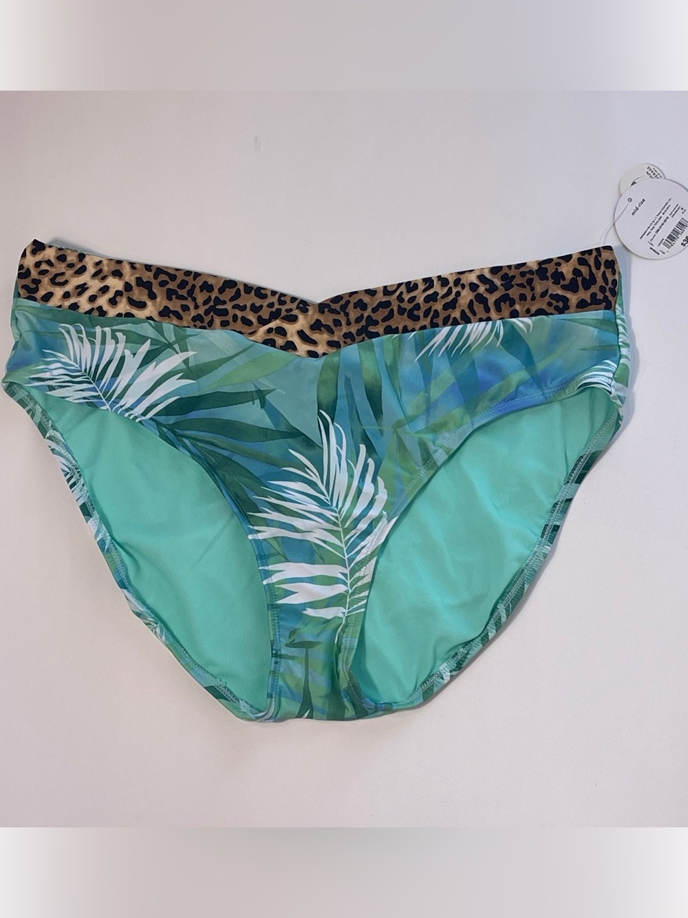 Decree Women’s Green Tropical & Leopard Bikini Bottoms Size 0X Plus Mid-Rise NWT